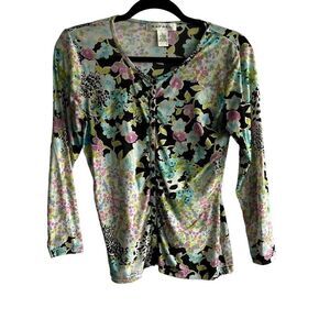 Vintage Rafael Micro Mesh Floral Button Front Top
